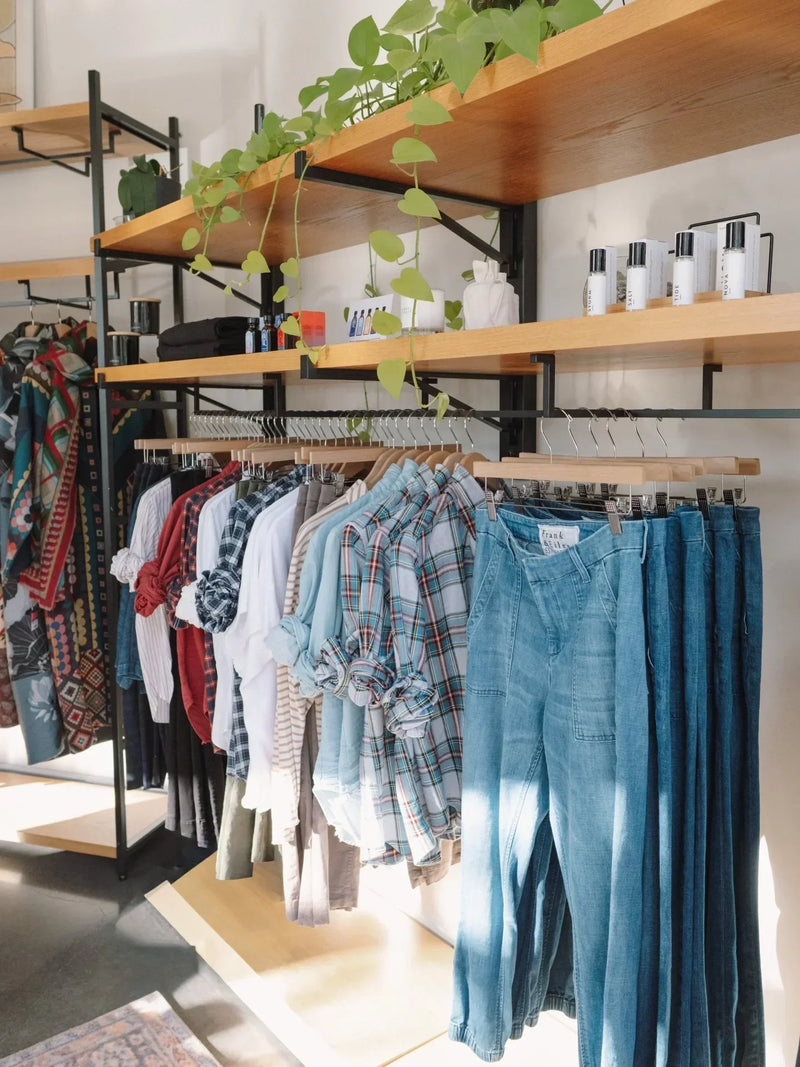 Bright boutique interior with curated women's clothing, denim, plaid shirts, accessories, and hanging plants at LADDER.