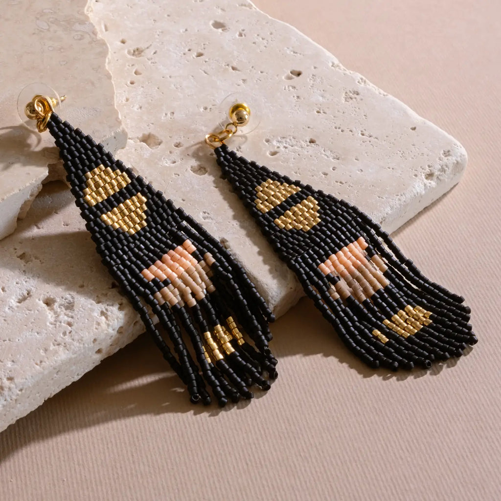 Beaded Handwoven Boho Half Moon Fringe Earrings